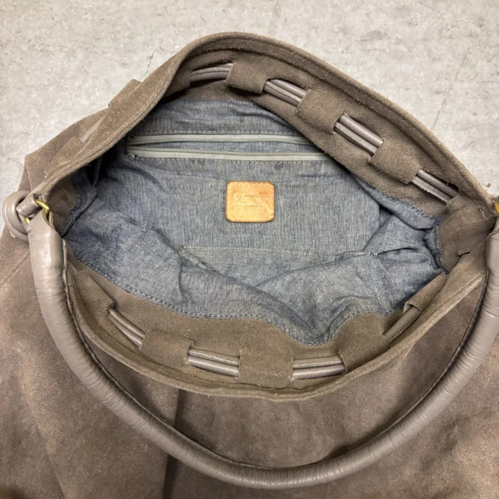 Clare V. Suede Hobo Cinch Drawstring Bag Purse Slouchy Leather Taupe Brown Tan